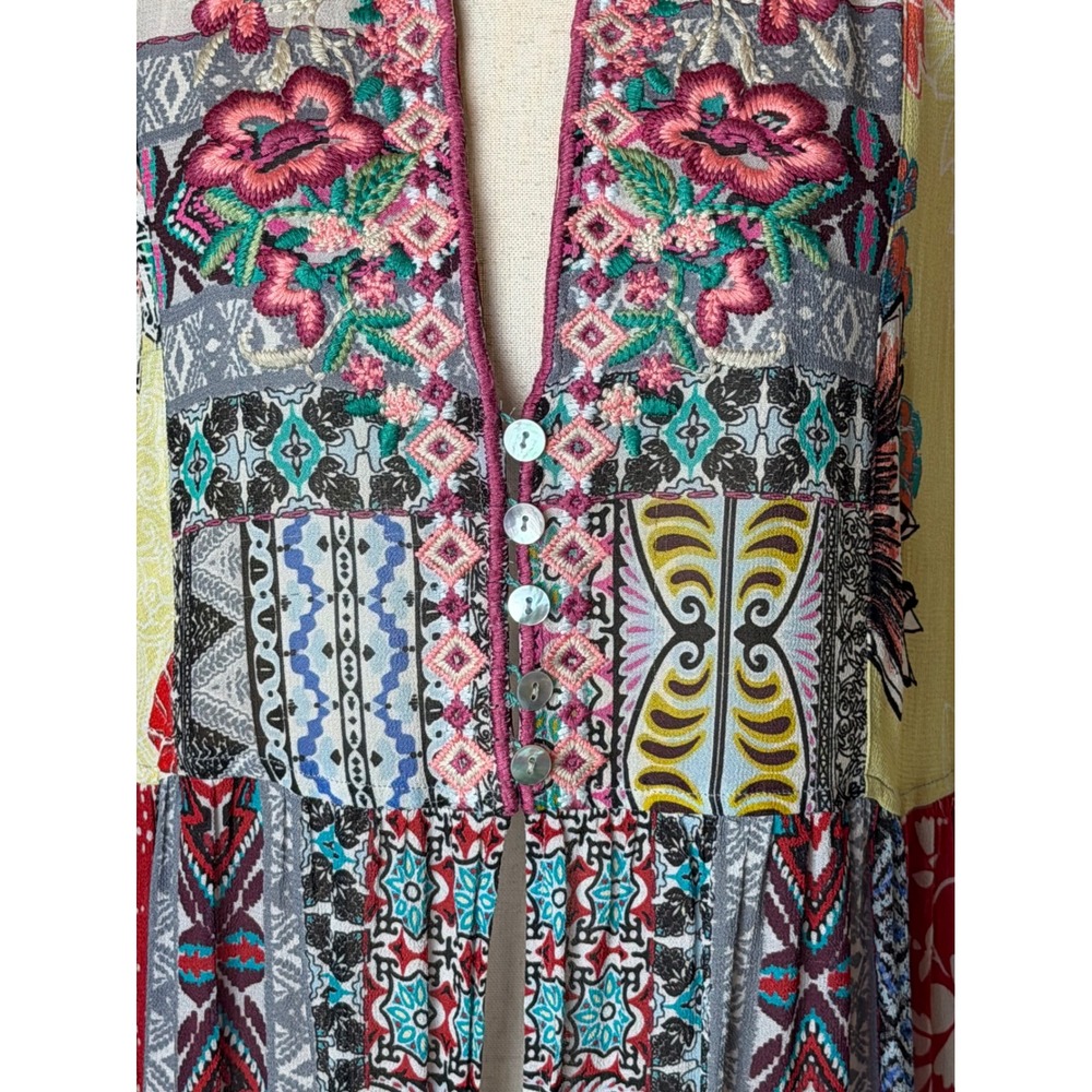 John Mark Duster Kimono Women Medium Yellow Floral Patchwork Embroidered Boho - Picture 8 of 14